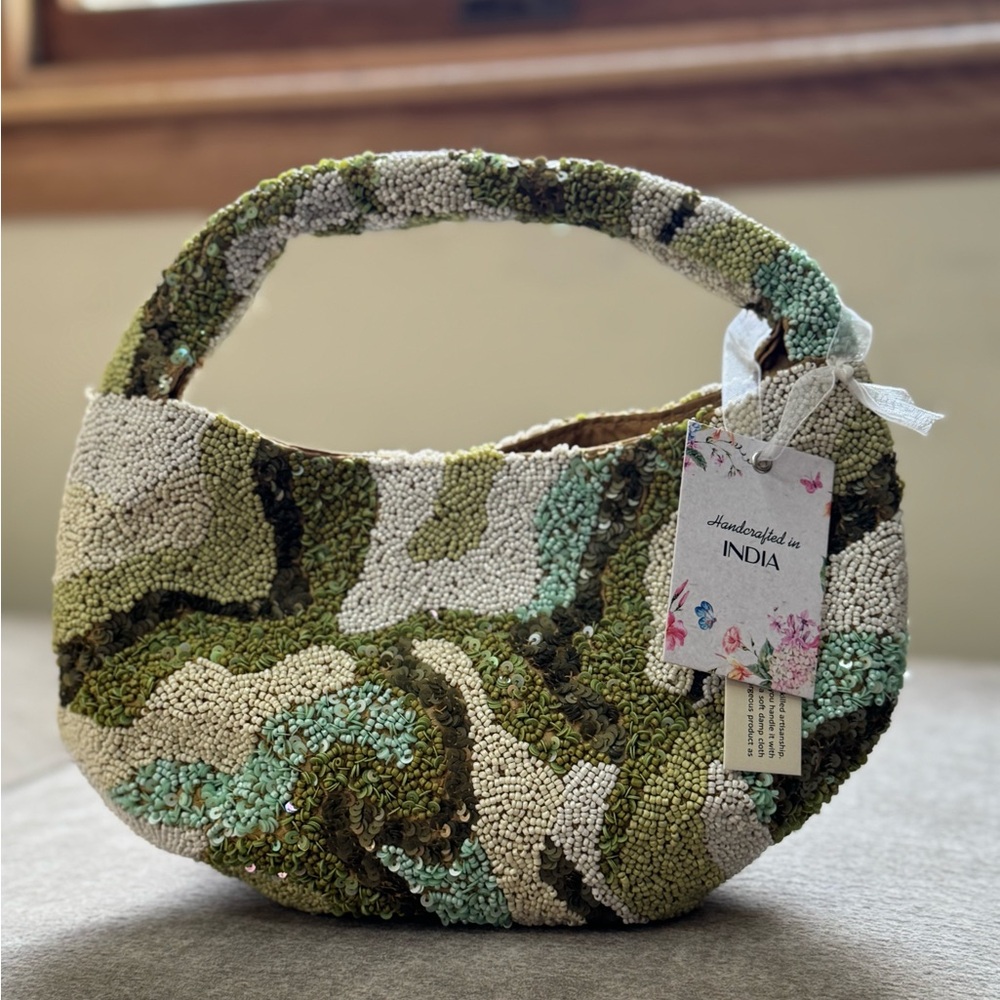 Beaded Camo Top Handle Bag Green Cream | Handmade India Purse Trendy NWT